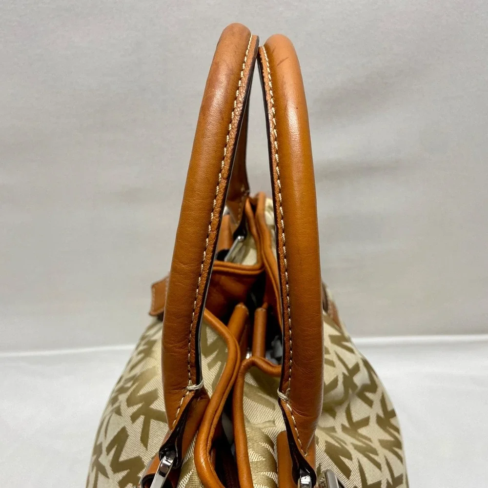 Michael Kors Brookville Large Tote Bag MK Saddle Khaki Canvas Brown Leather EUC